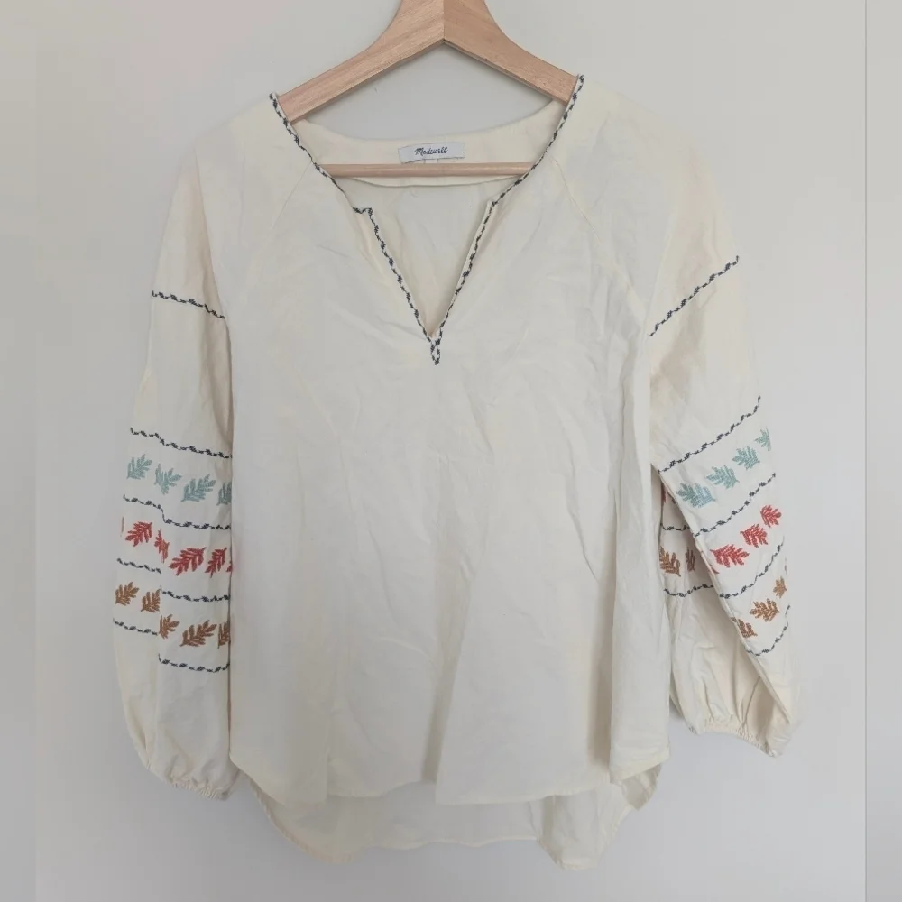 Madewell Womens Shirt Small Ivory Peasant Cottage Embroidered Fall Thanksgiving